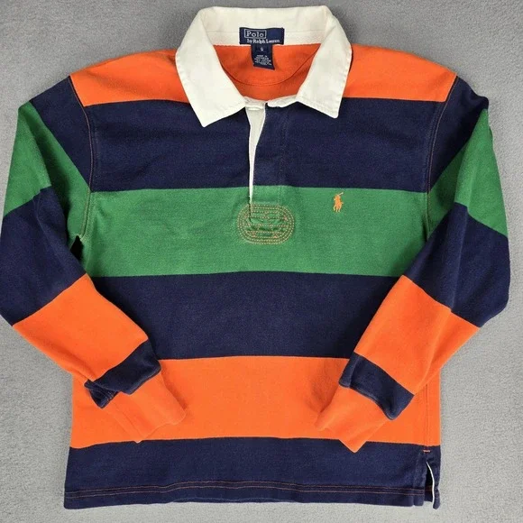Polo Ralph Lauren Rugby Shirt Mens Small Orange Green Navy Striped Long Sleeve - Picture 4 of 11